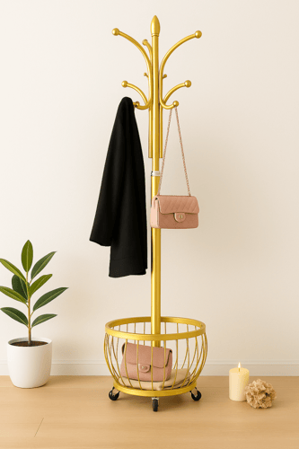 علاقة ملابس ذهبي مودرن بسلة تخزين سفلية وعجلات متح...