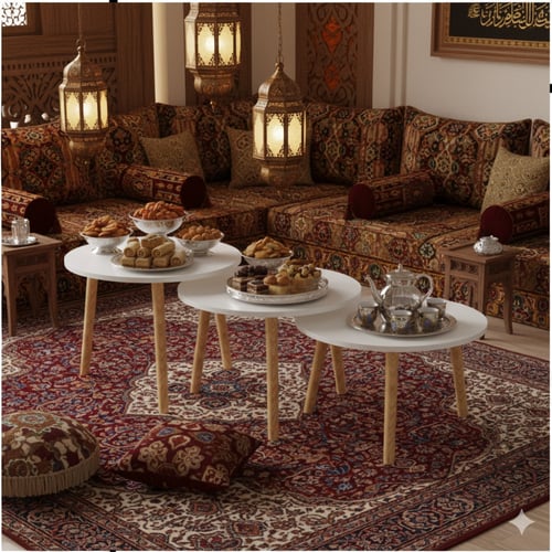 طقم طاولات قهوة دائرية 3 قطع بتصميم عصري – سطح أبي...