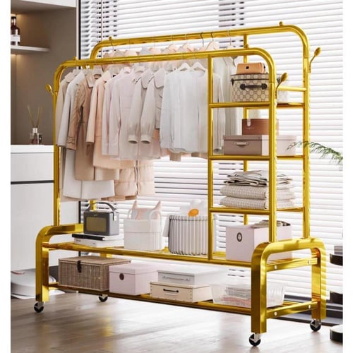 شماعة ملابس مزدوجة مع عجلات دوارة مزودة برفوف وعلا...