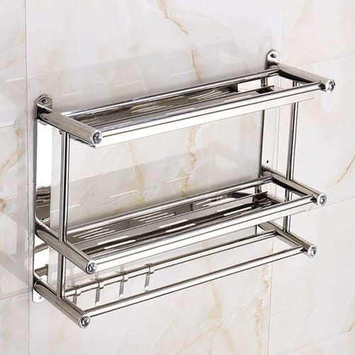 رف حمام مزدوج يثبت علي الحائط مزود بحامل للمنشفة و...