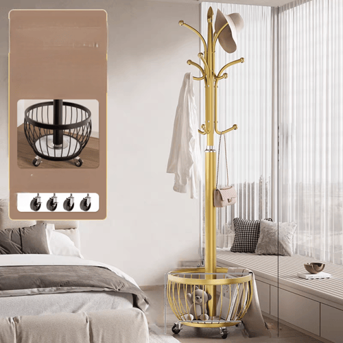 علاقة ملابس ذهبي مودرن بسلة تخزين سفلية وعجلات متح...