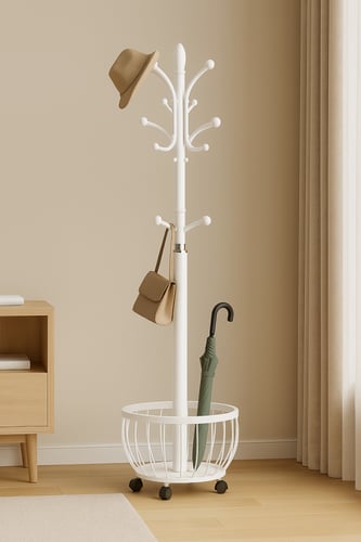 علاقة ملابس أبيض مودرن بسلة تخزين سفلية وعجلات متح...