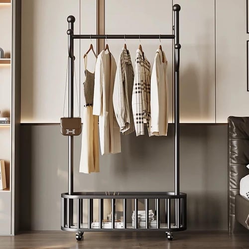 علاقة ملابس اسود معدن بعجلات متحركة بتصميم عصري