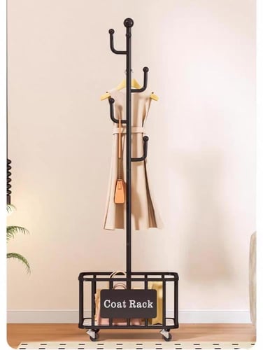 علاقة ملابس مع سلة تخزين وعجلات – تصميم أنيق وعملي...