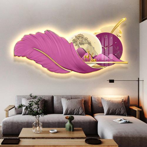 لوحة وساعة حائط مضيء بتصميم ريشة أنيقة مع ساعة فاخ...