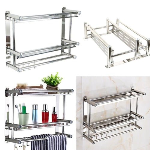 رف حمام مزدوج يثبت علي الحائط مزود بحامل للمنشفة و...