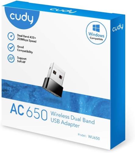 Cudy AC650 Dual-Band Wi-Fi 5 Nano USB Adapter, 433 Mbps on 5 GHz and 200 Mbps on 2.4 GHz for PC, WU650
