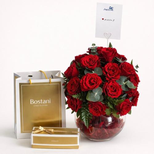 فازة ورد مع شوكلاتة بستاني