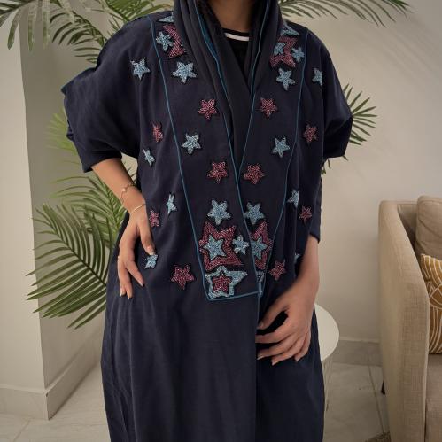 O82 - قماش لنين كحلي - خرز نجوم