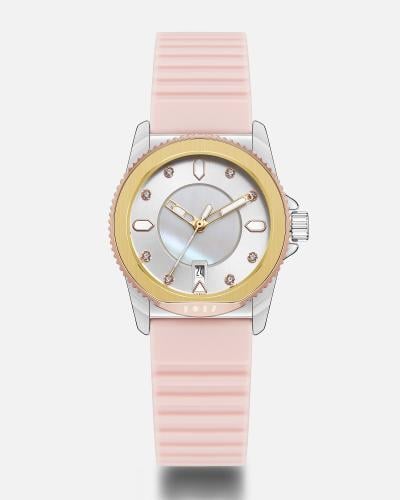 ساعة نسائية بسير ربل باللون الوردي