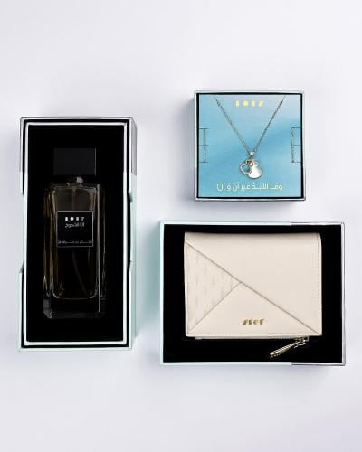 طقم هدايا نسائي محفظة وعطر وسلسال