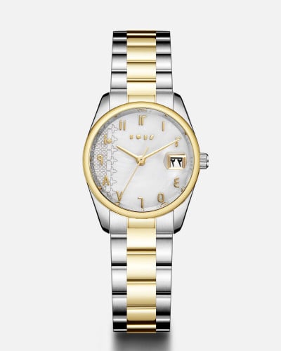 ساعة اصاله النسائية بلون فضي وذهبي