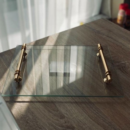 صينية تقديم زجاج مستطيلة بمقابض ذهبية