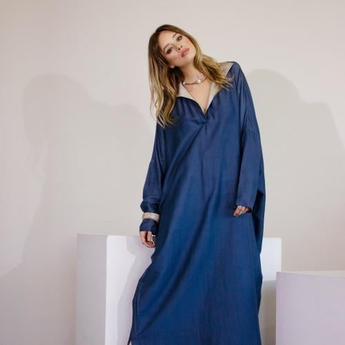 Beige Detailed Blue Dress