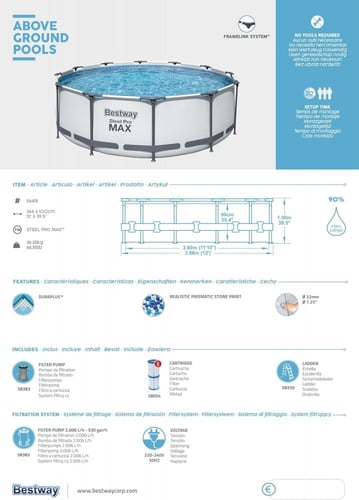 مسابح مائية بست واي + فلتر و سلم عرض 3.66 متر