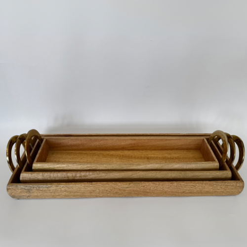 صحن خشب هندي بمقبض ذهبي