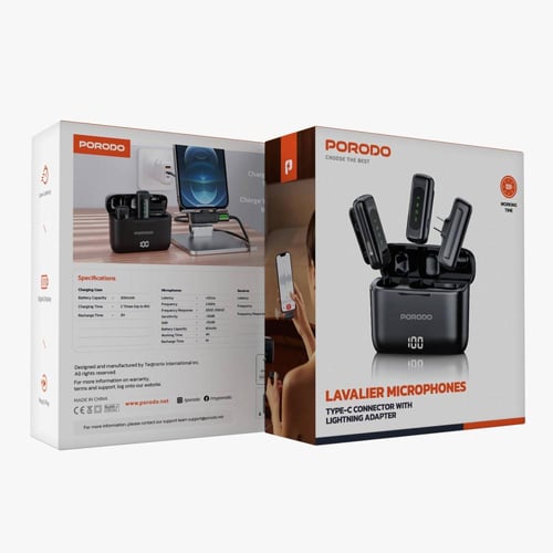 ميكروفون مزدوج بورودو Lavalier مع علبة شحن - أسود