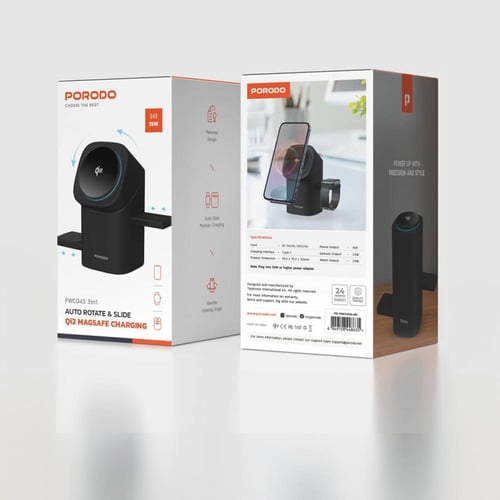 شاحن لاسلكي 3 في 1 من بورودو، شحن تلقائي، زاوية رؤ...