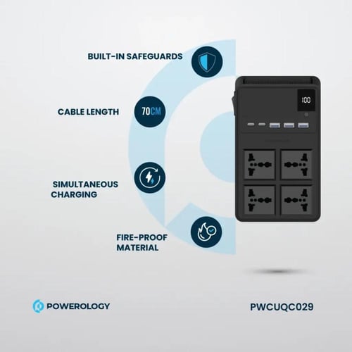 توصيلة Powerology ‎2500W‎ | 4 منافذ AC + USB PD/QC...