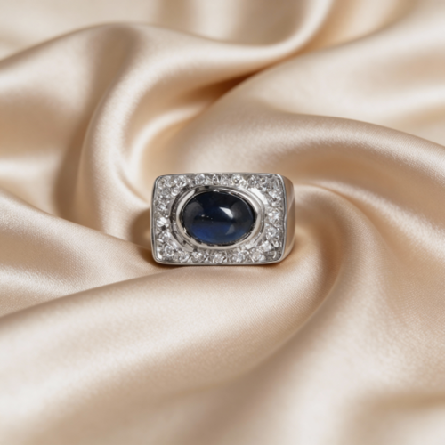 خاتم فضة مرصع بحبات الزركون و حجر عين النمر