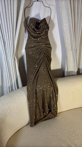 الفستان الطويل الذهبي المطرز بالترتر اللامع.