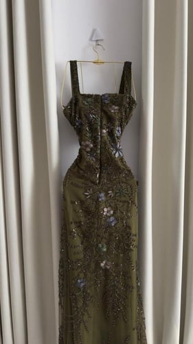 فستان سهرة زيتي مطرز بالخرز والزهور اللامعة