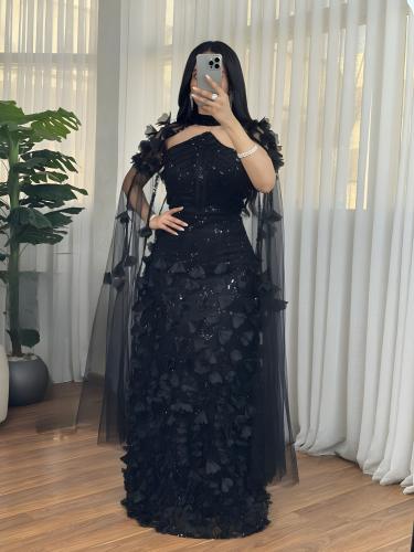 فستان سهرة أسود فاخر بترتر ولمسات 3D مع كاب شيفون...