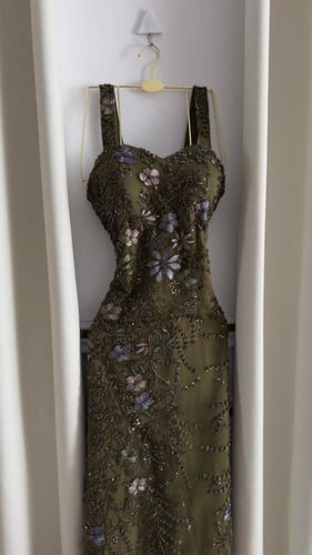 فستان سهرة زيتي مطرز بالخرز والزهور اللامعة