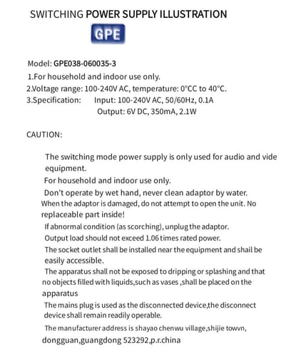 Power Supply AC 220V to DC 6V 350mA GPE038 محول كه...