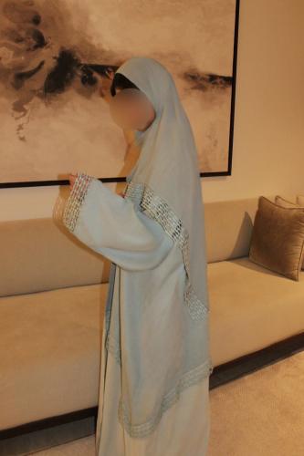 Sky blue bisht-style abaya in washed Japanese silk...