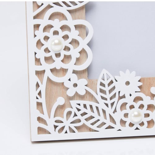 إطار صورة مستطيل خشبي مزخرف مع لؤلؤ.أبيض