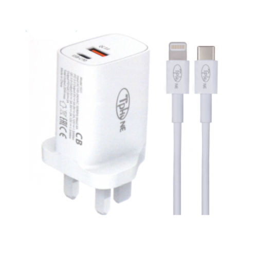 شاحن جداري بمنفذين USB/PD مع كيبل ايفون بي دي من T...