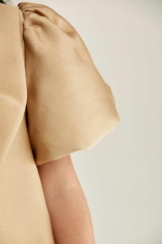 فستان بأكمام منفوخة وحواف ريش