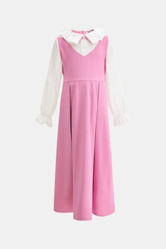 مريول مدرسي إبتدائي بياقة بكسرات وحزام من الخلف