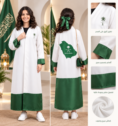 عباية اليوم الوطني باللونين الأبيض والأخضر بتطريز...