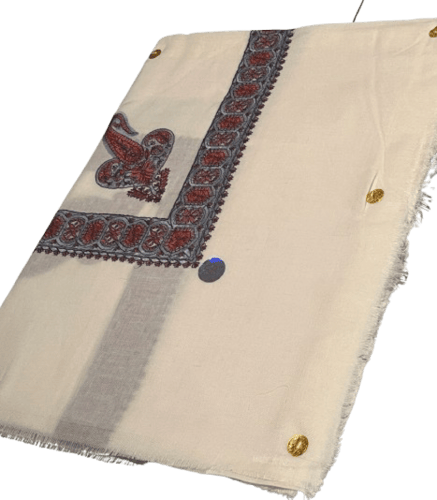 شال كشميري سكري مطرز بلون احمر وفضي 58