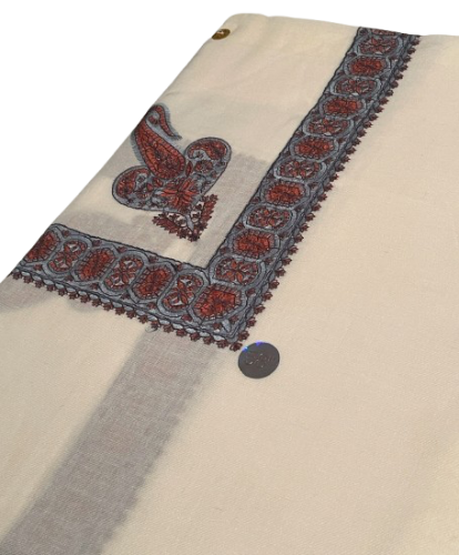 شال كشميري سكري مطرز بلون احمر وفضي 58