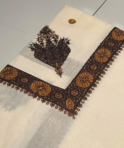 شال كشميري سكري مطرز بني مع الوان