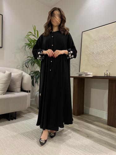 Korean crepe abaya with distinctive embroidery on the azar and sleeve edges