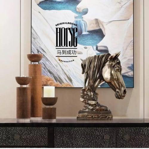 مجسم راس الحصان حجم كبير لون برونزي ارتفاع 43سم وع...