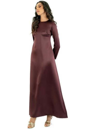 فستان حرير لمعة بأكمام - بني