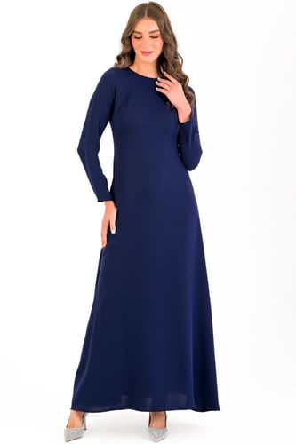 فستان حرير مطفي بأكمام - كحلي