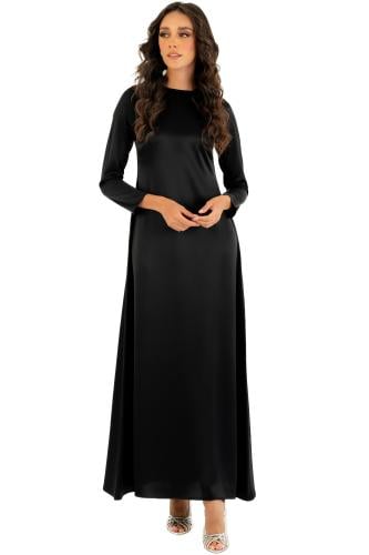 فستان حرير لمعة بأكمام - اسود