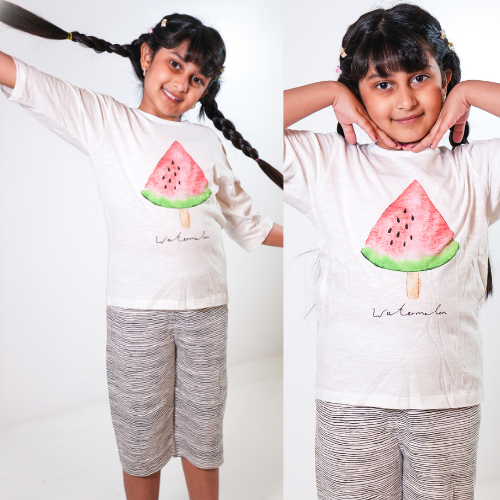 طقم صيفي قطني للفتيات برسمة البطيخ المنعش