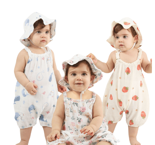 أوفرول بناتي بدون أكمام بطبعة الفراولة(مع قبعة)