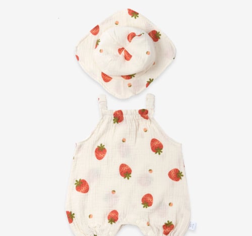 أوفرول بناتي بدون أكمام بطبعة الفراولة(مع قبعة)