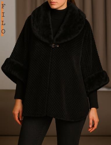 كاب فرو فاخر (Faux Fur Cape)-أسود