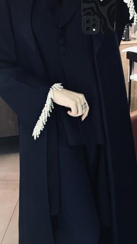 Blue linen abaya with pearl