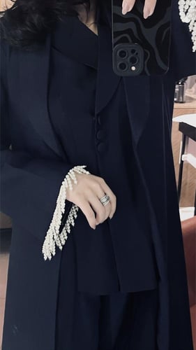 Blue linen abaya with pearl