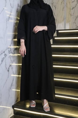 عبايه قماش نواعم كوري - كريستال فرنسي اسود